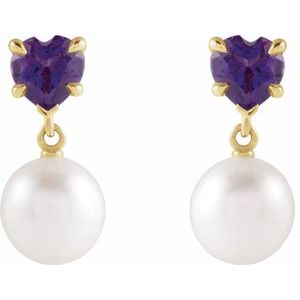 14K Yellow Gold Cultured White Akoya Pearl & Natural Amethyst Earrings