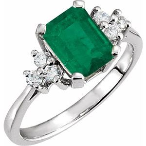 14K White Gold Natural Emerald & 1/6 CTW Natural Diamond Ring