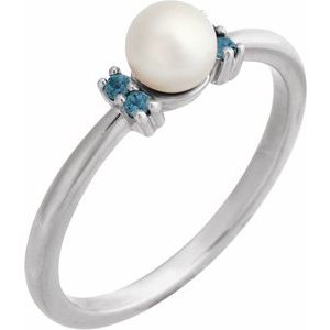 Platinum Cultured White Freshwater Pearl & Natural London Blue Topaz Ring