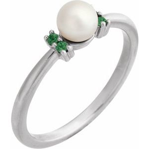 14K White Gold Cultured White Freshwater Pearl & Natural Tsavorite Garnet Ring