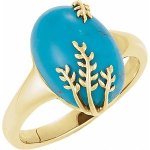 14K Yellow Gold 14x10 mm Chinese Natura Turquoise Leaf Design Ring