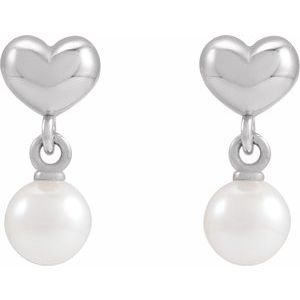 Platinum Cultured White Freshwater Pearl & Heart Dangle Earrings