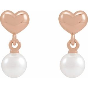 14K Rose Gold Cultured White Freshwater Pearl & Heart Dangle Earrings