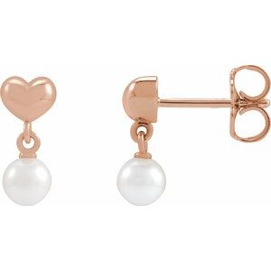 14K Rose Gold Cultured White Freshwater Pearl & Heart Dangle Earrings