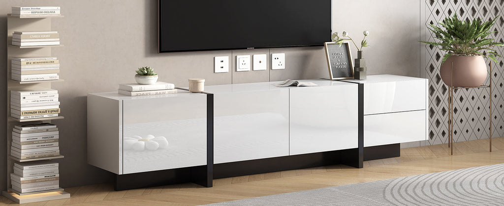 [VIDEO provided] ON-TREND White & Black Contemporary Rectangle Design TV Stand, Unique Style TV Console Table for TVs Up to 80'', Modern TV Cabinet with High Gloss UV Surface for Living Room.