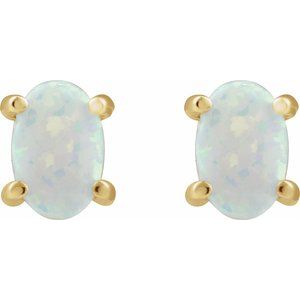 14K Yellow Gold 6x4 mm Oval Lab-Grown White Opal Earrings – image 2