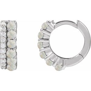 Platinum Natural White Opal & 1/8 CTW Natural Diamond Huggie Hoop Earrings