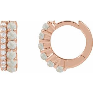 14K Rose Gold Natural White Opal & 1/8 CTW Natural Diamond Huggie Hoop Earrings
