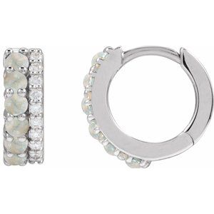 Sterling Silver Natural White Opal & 1/8 CTW Natural Diamond Huggie Hoop Earrings – image 2