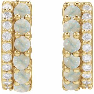 14K Yellow Gold Natural White Opal & 1/8 CTW Natural Diamond Huggie Hoop Earrings – image 3