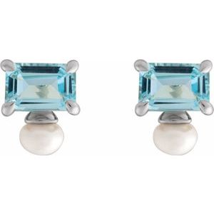 14K White Gold Natural Sky Blue Topaz & Cultured White Freshwater Pearl Earrings – image 2
