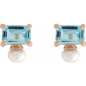14K Rose Gold Natural Sky Blue Topaz & Cultured White Freshwater Pearl Earrings – image 2