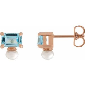 14K Rose Gold Natural Sky Blue Topaz & Cultured White Freshwater Pearl Earrings