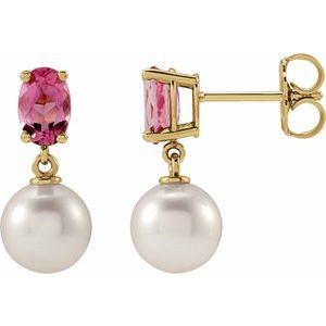 14K Yellow Gold Cultured White Akoya Pearl & Natural Pink Tourmaline