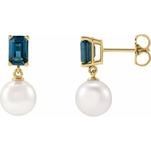 14K Yellow Gold Cultured White Akoya Pearl & Natural London Blue Topaz