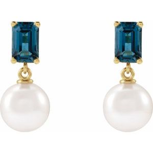 14K Yellow Gold Cultured White Akoya Pearl & Natural London Blue Topaz – image 2
