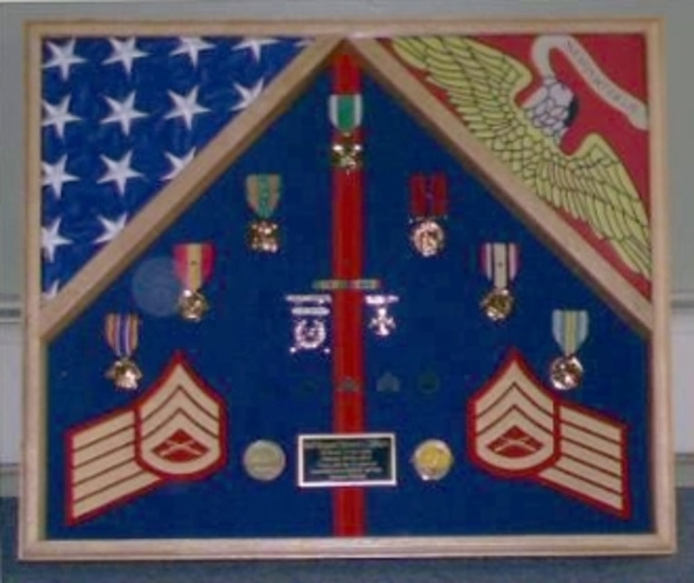 Military flag case for 2 flags and medals.