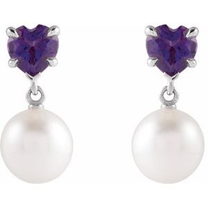Sterling Silver Cultured White Akoya Pearl & Natural Amethyst Earrings – image 2