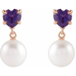 14K Rose Gold Cultured White Akoya Pearl & Natural Amethyst Earrings – image 2