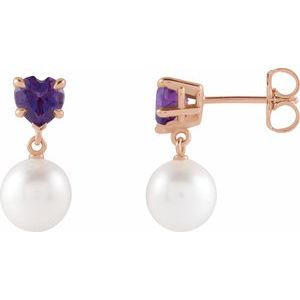 14K Rose Gold Cultured White Akoya Pearl & Natural Amethyst Earrings