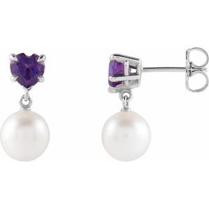 Sterling Silver Cultured White Akoya Pearl & Natural Amethyst Earrings