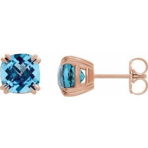 14K Rose Gold 6x6 mm Cushion Natural Swiss Blue Topaz Earrings