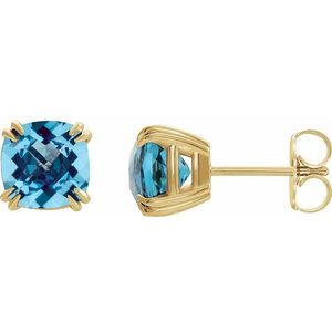 14K Yellow Gold 6x6 mm Cushion Natural Swiss Blue Topaz Earrings