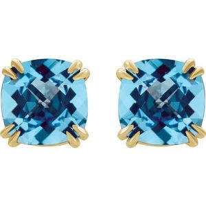 14K Yellow Gold 6x6 mm Cushion Natural Swiss Blue Topaz Earrings
