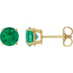 14K Yellow Gold 7 mm Lab-Grown Emerald Earrings