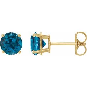 14K Yellow Gold 7 mm Natural London Blue Topaz Earrings