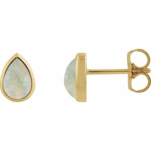 14K Yellow Gold Lab-Grown White Opal Cabochon Earrings