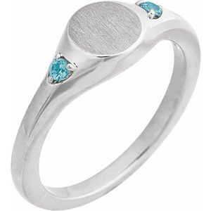 14K White Gold Engravable Natural Blue Zircon Signet Ring