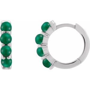 14K White Gold Natural Emerald Cabochon Hinged 14.7 mm  Hoop Earrings