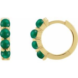 14K Yellow Gold Natural Emerald Cabochon Hinged 14.7 mm  Hoop Earrings
