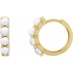 14K Yellow Gold Natural Rainbow Moonstone Cabochon Hinged 14.7 mm  Hoop Earrings