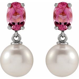 Platinum Cultured White Akoya Pearl & Natural Pink Tourmaline – image 2