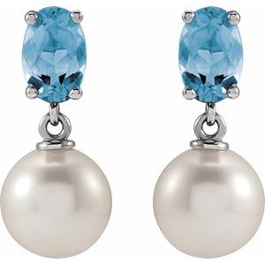 Sterling Silver Cultured White Akoya Pearl & Natural Aquamarine – image 2
