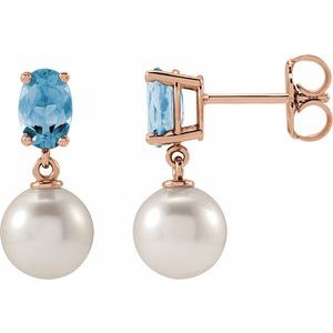 14K Rose Gold Cultured White Akoya Pearl & Natural Aquamarine