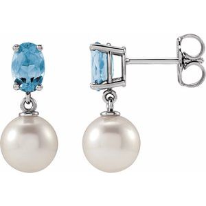 Sterling Silver Cultured White Akoya Pearl & Natural Aquamarine