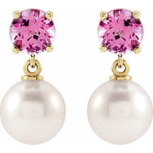 14K Yellow Gold Cultured White Akoya Pearl & Natural Pink Tourmaline