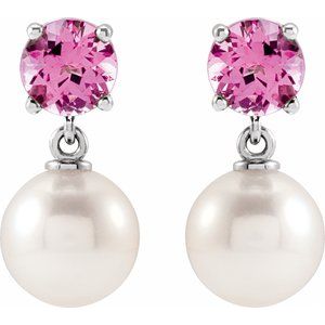 14K White Gold Cultured White Akoya Pearl & Natural Pink Tourmaline – image 2
