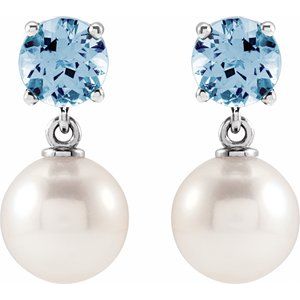 Sterling Silver Cultured White Akoya Pearl & Natural Aquamarine – image 2