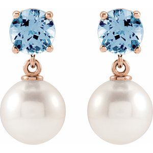 14K Rose Gold Cultured White Akoya Pearl & Natural Aquamarine – image 2