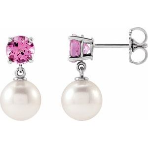 Sterling Silver Cultured White Akoya Pearl & Natural Pink Tourmaline