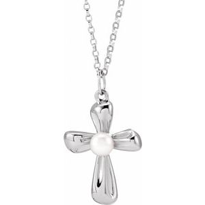 Sterling Silver Cultured White Freshwater Pearl Cross 18" Necklace