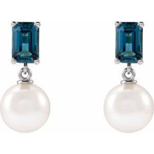 14K White Gold Cultured White Akoya Pearl & Natural London Blue Topaz – image 2