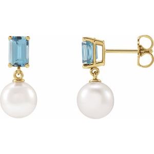 14K Yellow Gold Cultured White Akoya Pearl & Natural Aquamarine