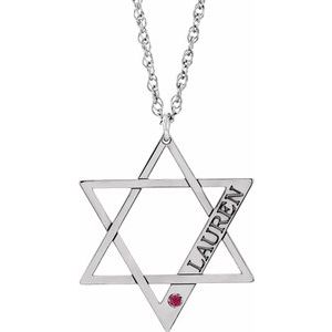 10K White Gold Personalized Imitation Ruby Star of David 16" Necklace