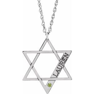 Rhodium-Plated Sterling Silver Personalized Imitation Peridot Star of David 16" Necklace