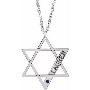 10K White Gold Personalized Imitation Blue Sapphire Star of David 16" Necklace
